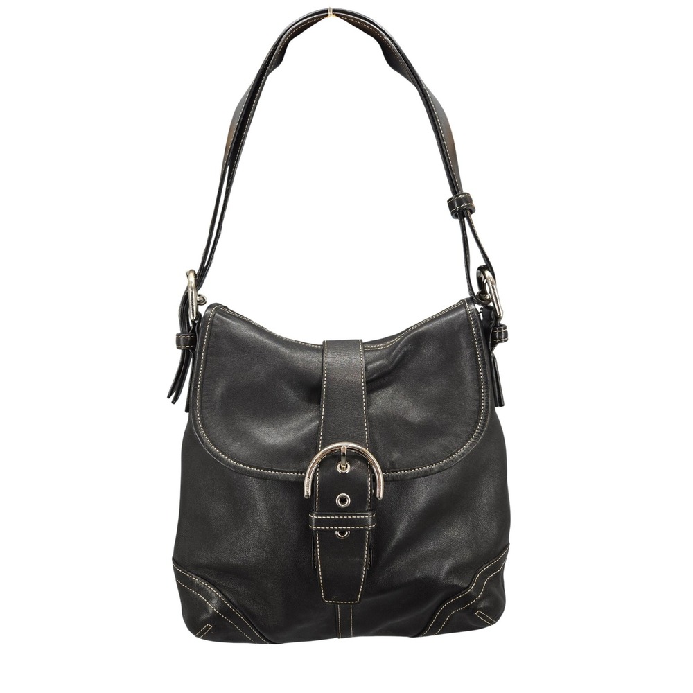Y2K Coach Soho Black Leather Flap Shoulder Bag Silver Buckle Contrast Stitch